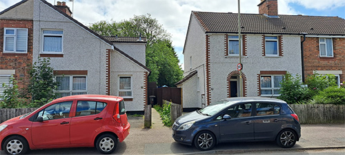 Two examples of external wall insulation finished in pebble dash render with carefully positioned brick slips to retain character/detailing of the area.