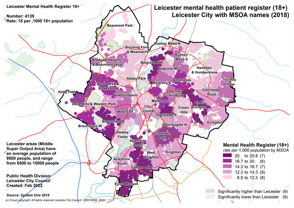 Map showing Leicester mental health register 18+