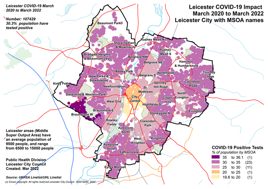 Map showing impact of covid 19 on Leicester from March 2020 to 2022